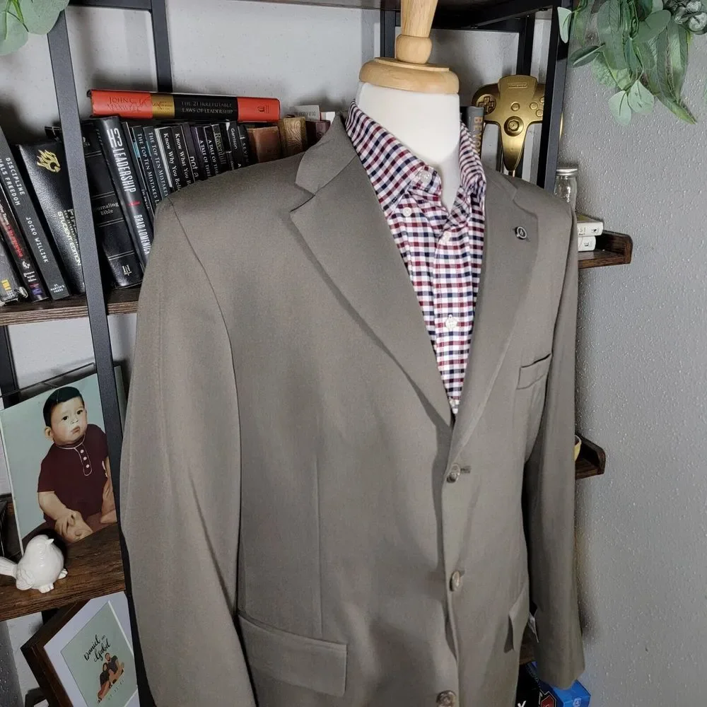 Haggar Men's Sport Coat Blazer Three‎ Button Dark Olive Poly Wool Blend 44L NEW